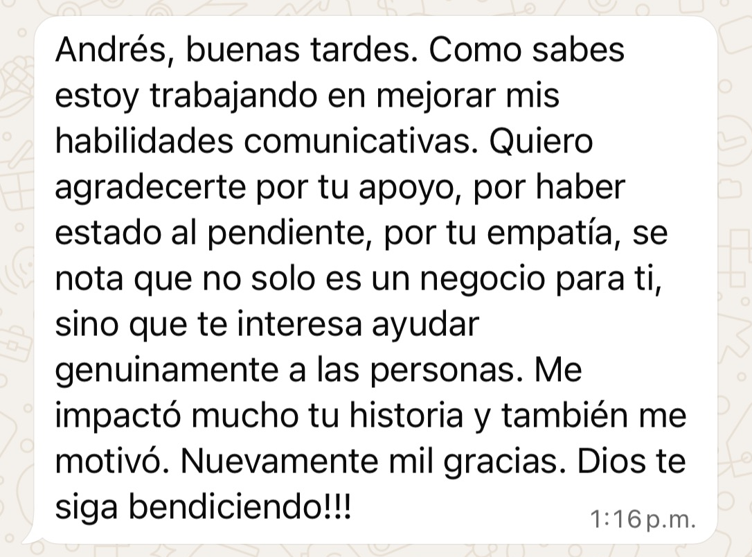 Mensaje de WhatsApp agradeciendo por el apoyo y la empatía del mentor